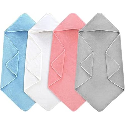GINUMWA 4 Pack Hooded Baby Towels, 32x32 Inch Absorbent Bath Towels, Soft Coral Fleece Hooded Towel for Newborns, Infants, and Toddlers – Baby Bath Essentials (Light Gray + Sky Blue + White + Pink)
