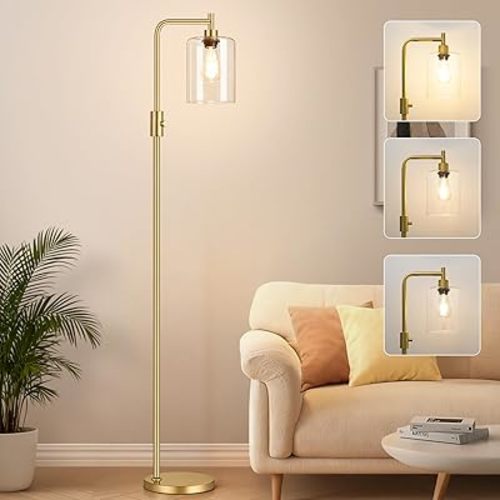 【Upgraded】Dimmable Industrial Gold Floor Lamps for Living Room with Clear Glass Shade, Glass Modern Floor Lamp with 900LM Bulb Included, Standing Tall Lamp for Bedroom, Office, Reading Room, Corner