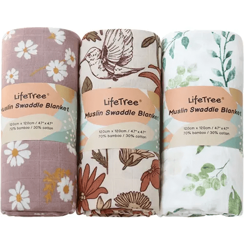 LifeTree Baby Swaddle Blankets, 3 Pack Muslin Swaddle Blankets Unisex Newborn Receiving Blanket for Boys & Girls, 70% Bamboo & 30% Cotton, Soft, Breathable, Large 47 x 47 inches