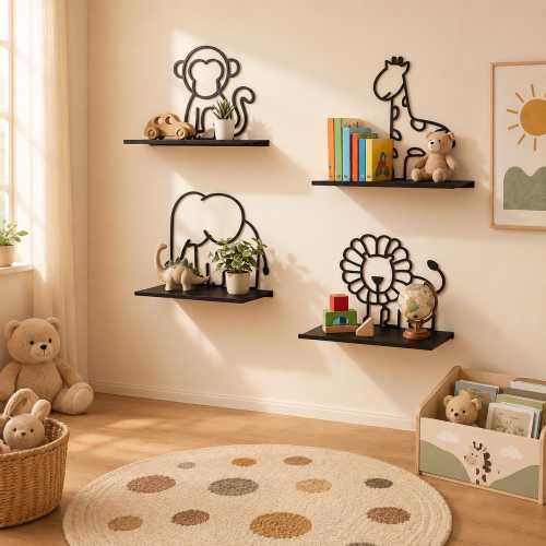 Animal Floating Shelves Set of 4 | Wire Metal Lion Monkey Elephant Giraffe | Kids Nursery Wall Decor | Safari Playroom Shelf Set