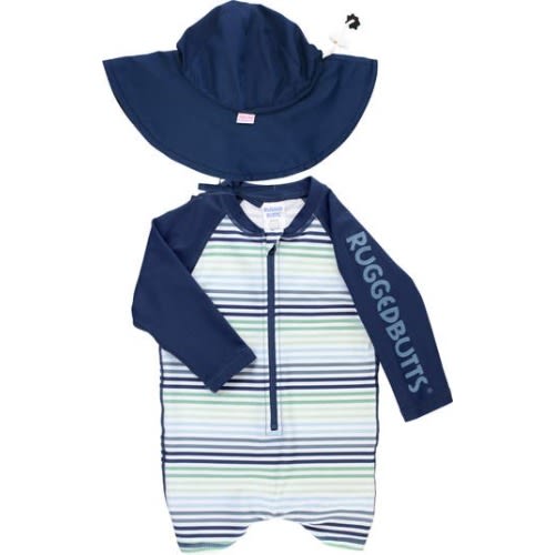 Coastal Stripe One-Piece Rashguard Swimsuit & Hat Set, 3-6M