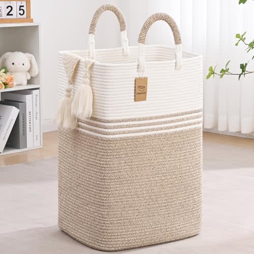 Laundry Basket Hamper,Blanket Storage,Dirty Clothes Hamper with Swivel Handles,Woven Cotton Rope Toy Baskets,Blanket Basket Living Room,Decorative Hampers for Nursery,Bedroom,White & Linen,60L