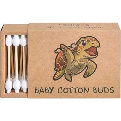 Sea Turtle Bamboo Cotton Swabs, Baby Safety Rim (100 Count) - Vegan, Eco Friendly, Organic, Double Tips, Plastic Free Wooden Ear Sticks, All Natural 100% Biodegradable Cotton Buds
