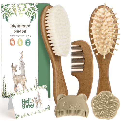 5 Piece Baby Hair Brush Set, Wooden Baby Brush and Comb Set with Natural Soft Goat Hair Bristles, Cradle Cap Brush, Baby Essentials Grooming Kit for Boy Girl