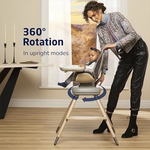 Maxi-Cosi Kiskadee 360 Rotating Baby High Chair, Infant to 5 Years up to 50 lbs, ClipQuik Magnetic Clip, 3-Position Tray, Washable Pad, Infant Recline, Booster Seat, Child Stool, Onyx Heritage