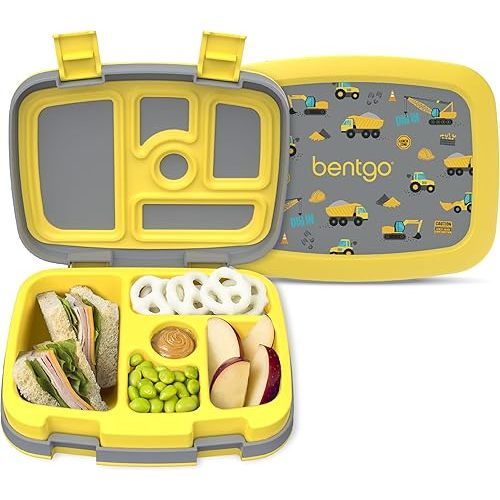Bentgo Kids Prints Leak-Proof, 5-Compartment Bento-Style Kids Lunch Box - Ideal Portion Sizes for Ages 3-7, Durable, Drop-Proof, Dishwasher Safe, & PFAS & BPA-Free Materials (Construction Trucks)