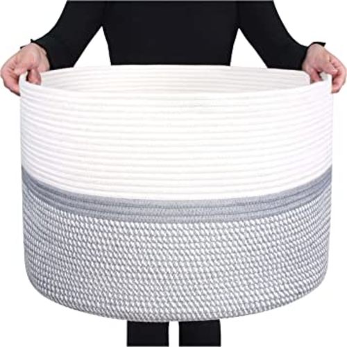 MINTWOOD Design Extra Large 22 x14 Inches Decorative Woven Cotton Rope Basket, Laundry Basket, Blanket Basket, Baby and Dog Toy Storage Baskets Bin, Kid Laundry Hamper, Towel Basket, Light Grey Mix