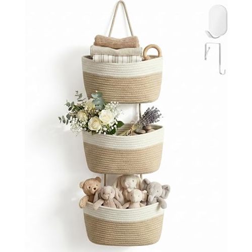 3-Tier Woven Cotton Rope Hanging Basket, Over the Door Organizer, Adjustable Detachable Wall Basket with Metal & Adhesive Hooks, No Drilling for Living Room, Nursery and Boho Bedroom Decor