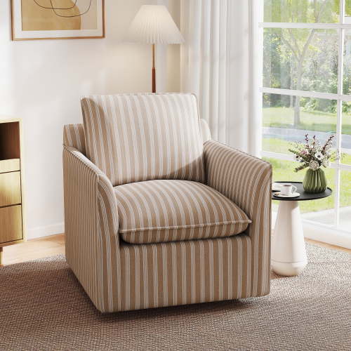 Ebello 360° Swivel Chair with Thick Cushion – Brown Stripe Fabric Accent Chair for Living Room, Bedroom, Office – Fully Assembled