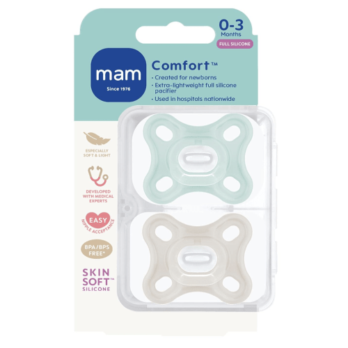 MAM Comfort Baby Pacifier 0-3 Mths Lightweight One-Piece Silicone 2 Pack - Mint