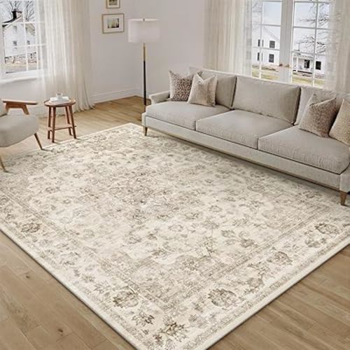 6x9 Washable Neutral Area Rug Beige Vintage Living Room Bedroom Carpet Non-Slip Soft Low Pile Floral Indoor Throw Rug for Dining Room Entryway Office