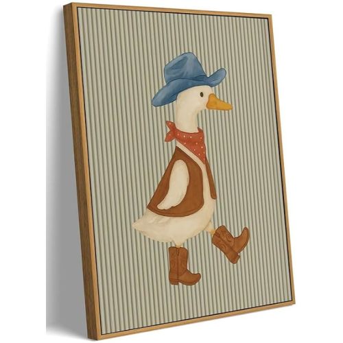 Framed Cowboy Goose Wall Art, Vintage Western Nursery Decor, Cute Farm Animal Canvas Print for Baby Boy Girl Nursery, Kids Bathroom Decor 8x10 Inch