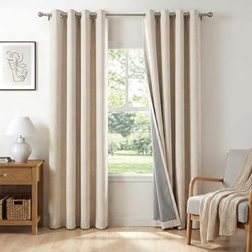 100% Blackout Shield Linen Blackout Curtains for Bedroom 84 Inches Long, Oatmeal Grommet Curtains for Living Room, Thermal Insulated Room Darkening Drapes for Nursery, 50" W x 84" L, 2 Panels