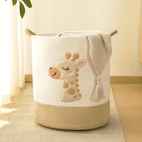 Large Blanket Basket for Living Room Storage,Toy Baskets Storage for Kids Stuffed Animal Storaged, Big Cute Cotton Rope Woven Laundry Basket with Handle for Nursery Baby Shower Gifts