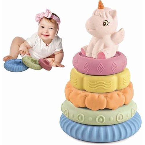 Baby Stacking Nesting Toys, Soft Squeeze Building Circle with Pink Horse, Baby Teething Toy Sensory Early Educational Toys for Newborn Toddlers