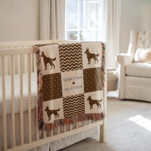 German Shepherd Baby Blanket, Custom Name Dog Throw with Date, Puppy Nursery Blanket Gift