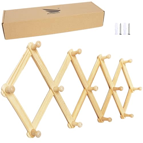 AMAPON Accordion Style Expandable Wall Wooden Coat Rack 13 Hooks (Pegs) Hang Hats Jackets Coffee Mug Purses Necklaces Towels Cap Leash Scarves Data Line Kitchenware