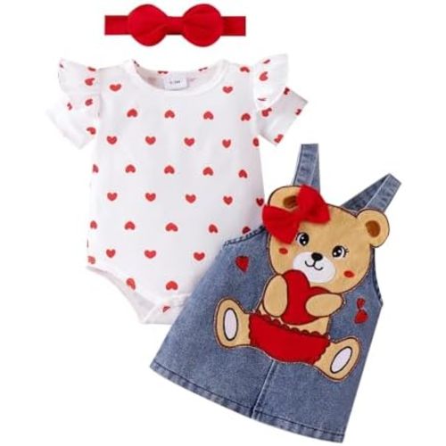 Baby Girl Clothes Outfits Summer Cute Little Bear Romper + Shorts + Butterfly Tie Hair Band Set 0-18 Months