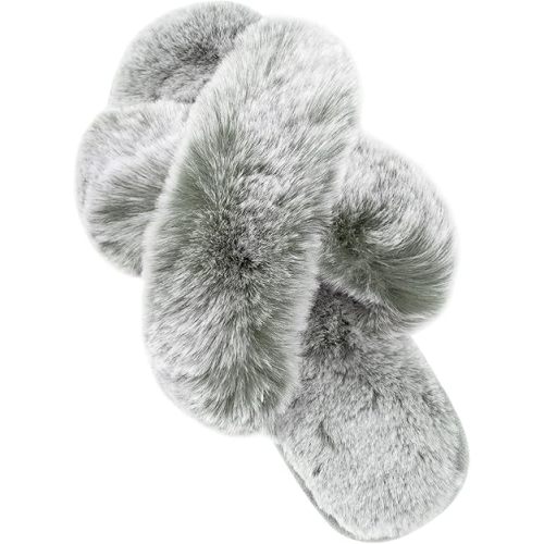 Parlovable Women's Fuzzy Slippers Comfy Cross Band House Shoes Memory Foam Open Toe Indoor Gifts for Ladies