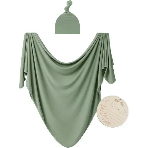 Large Jersey Knitted Swaddle Blanket for Baby, Soft Stretchy Receiving Blanket for Newborns with Hat, Baby Nursery Swaddle 47 x 47 inches(Sage)