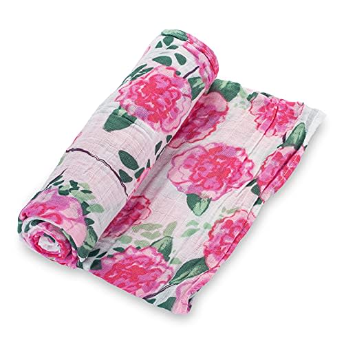 LollyBanks Baby Swaddle Blanket, 100% Cotton Muslin Blankets for Girls, 47 x 47 Inches Soft and Breathable Swaddles for Newborns, Gentle Baby Wrap Swaddle, Baby Essentials, Registry (Peony Print)