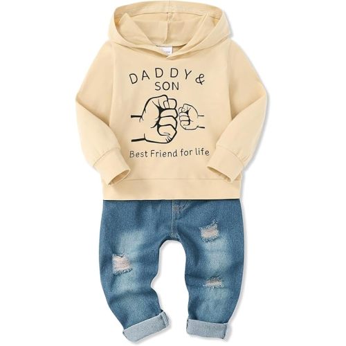 YALLET Toddler Baby Boy Clothes, Long Sleeve Letter Hoodies Top+Ripped Denim Pants 2pcs Fall Winter Outfit Sets