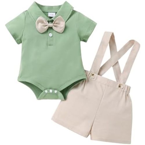 Happy Town Baby Boy Clothes Suits Infant Gentleman Wedding Outfit Dress Shirt Bowtie and Suspenders Shorts Set