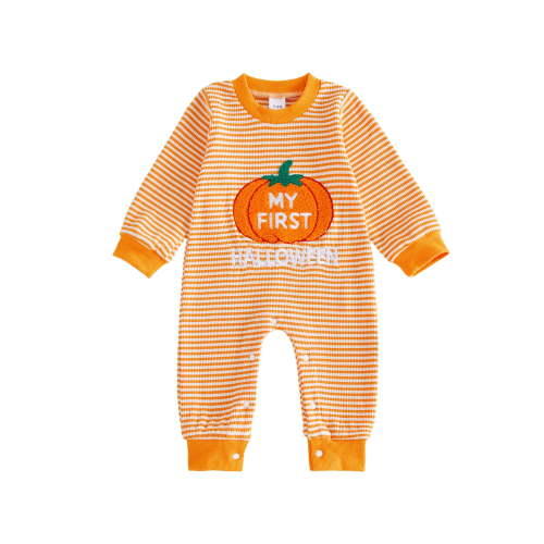 BemeyourBBs Newborn Baby Boy Girl My First Halloween Outfit Infant Baby Girls Boys Fall Clothes Waffled Stripes Romper Pumpkin Embroidered Long Sleeve Jumpsuit Playsuit