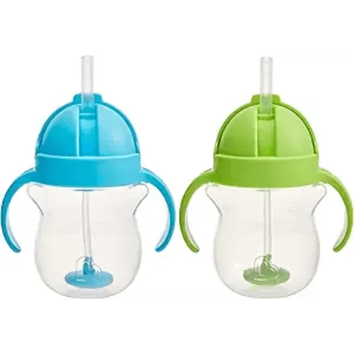 Munchkin Any Angle Sippy Cups for Toddlers, Spill Proof Weighted Straw Cup with Transition Handles for Babies 6 Months and Up, 2 Pack, Blue/Green