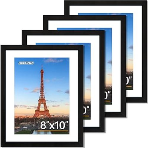 FIXSMITH 8x10 Picture Frame Set of 4, Photo Frame with HD Plexiglass, Display Pictures 5x7 with Mat or 8x10 Without Mat Multi Picture Frames Collage for Tabletop or Wall Display, Black