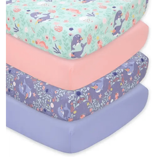 The Peanutshell 4-Pack Fitted Crib Sheet Set - Super Soft & Breathable Baby Girl Crib Sheets, Nursery Decor, Fit for Standard Mattress Cover- Ocean Girl