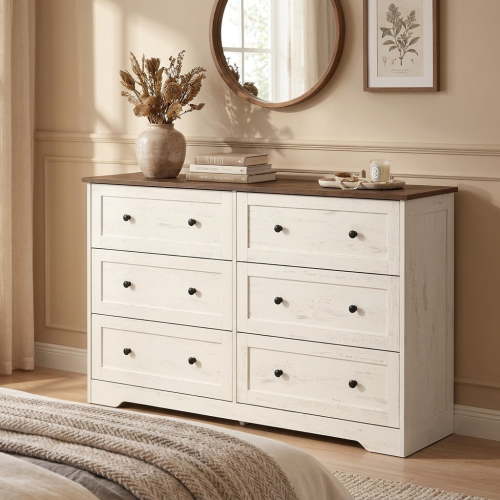 LEDREM 6-Drawer Dresser, Traditional basic Chest of Drawers for Bedroom, 47.2 x 15.7 x 30.7 inches, White