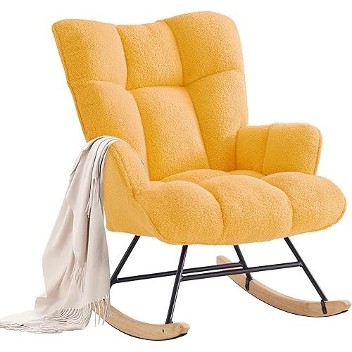 Rocking Chair Nursery Teddy Upholstered Glider Rocker Rocking Accent Chair Padded Seat with High Backrest Armchair Comfy Side Chair for Living Room Bedroom Offices (Yellow Teddy)