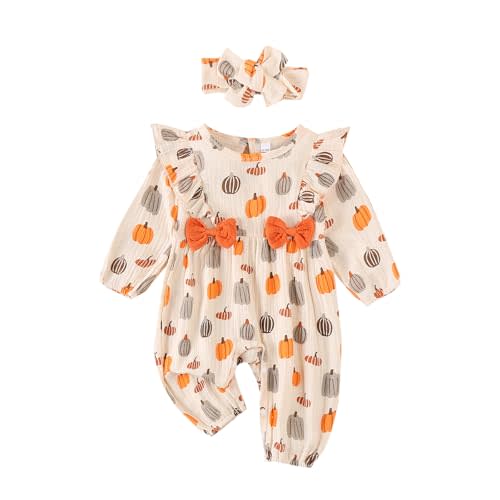 Newborn Baby Girl Halloween Clothes Puff Sleeve Cotton Linen Ruffle Pumpkin Print Jumpsuit Fall One Piece Outfits