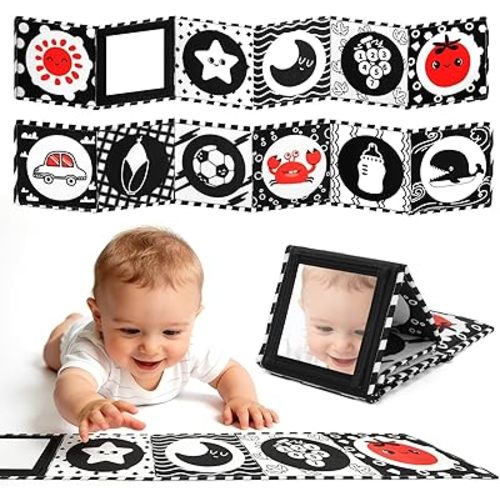 High Contrast Baby Toys for Newborn – Black and White Tummy Time Toy Baby Mirror Books 0-6 Months for Infant Sensory Visual Stimulation Training, Match Baby Crib, Stroller, Car Seat Toys