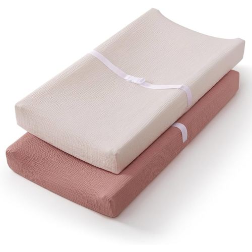 Blissful Diary Muslin Changing Pad Cover for Girls Boys, Ultra Soft Breathable Cotton, Baby Diaper Change Table Pad Covers, 2Pack (Dusty Pink&Cream)
