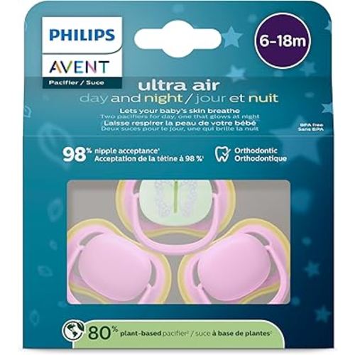 Philips Avent Ultra Air Pacifier 6-18m, quiet pink/butterfly, day+night 3 pack, SCF087/30 (Quiet Pink/Butterfly)