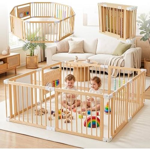 LILYPELLE Natural Wooden Baby Playpen, Foldable Baby Safety Fence, 8 Panels