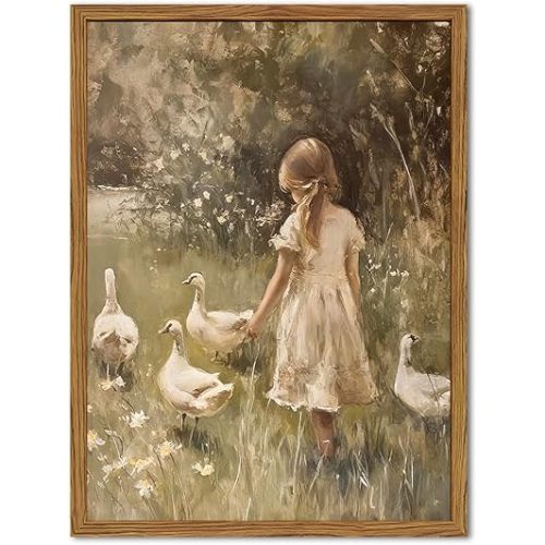 Framed Vintage Wall Art, Rustic Cute Girl with Duck Pictures Wall Decor, Farmhouse Cottagecore Paintings Country Nature Animal Canvas Prints for Living Room Bedroom Home 12x16 inch