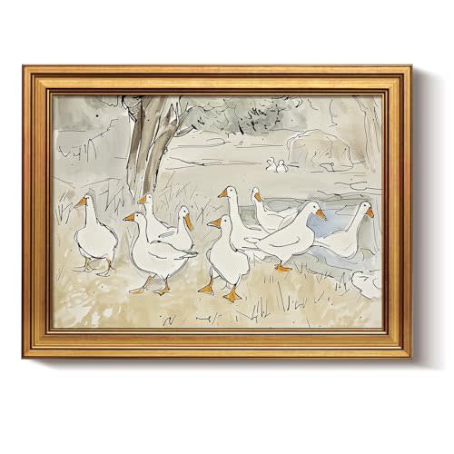 Bzstyleart Vintage Wall Art Decor for Living Room, Gold Framed Canvas Wall Art Home Aesthetic, Vintage Duck Decor, Duck Painting, 12 x 16 Inch