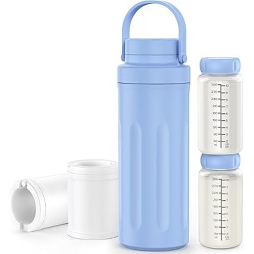 22oz Breast Milk Cooler Bottle for Outdoor, Breastmilk Cooler with 360° Total Cooling for 24 Hours & Leak-Proof Dual-Bottle for Breastfeeding，Larger Capacity Travel Breastmilk Chiller,Blue