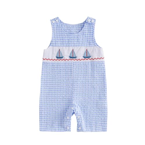 Karuedoo Newborn Baby Boy Summer Clothes Animal Embroidery Plaid Sleeveless Romper Jumpsuit Overall Bodysuit One-Piece Outfit