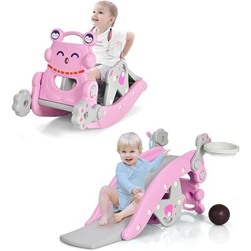 Costzon 5 in 1 Toddler Slide Rocking Toy, Slide for Kids with Detachable Stool, Basketball Hoop and Ring Game, Foldable Climber Playground Slide for Both Indoors Outdoor Use (Pink Penguin)