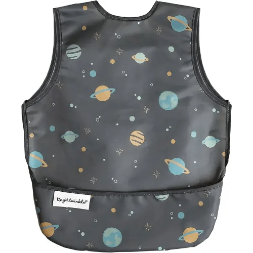 Tiny Twinkle Short Sleeve Apron Baby & Toddler Bib for Boys – Waterproof, Mess-Proof Bibs for Eating & Feeding, Machine Washable, Perfect Holiday Gift (Space, 6–24M)