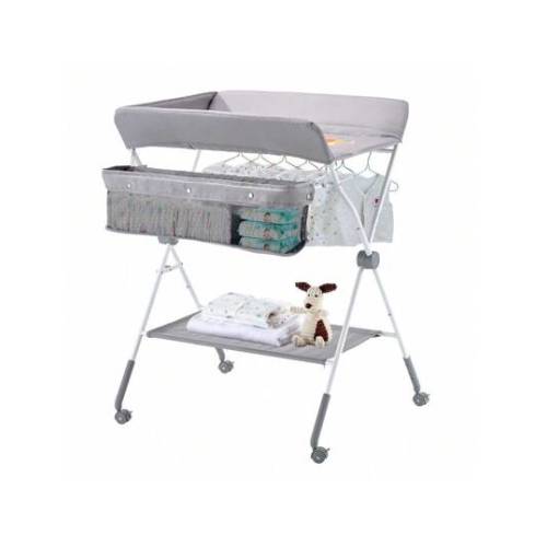 Foldable Baby Changing Diaper Station With Side Basket & Wheels Light Gray