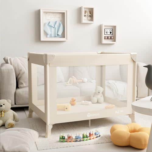 Trimigo Portable Travel Crib & Playpen - Baby Safe Folding Travel Bed w/Mattress, Breathable Mesh | Compact Lightweight Baby Bed | Pack and Play for Babies & Toddlers (Khaki)