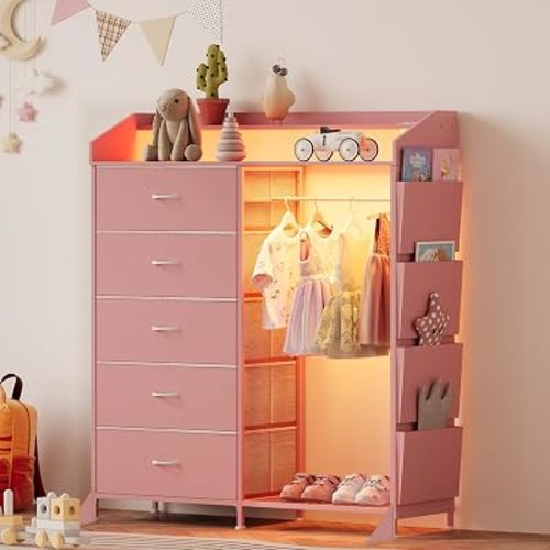 LUMTOK Dresser with Hanging Rack,5 Fabric Drawers & Side Pocket for Bedroom