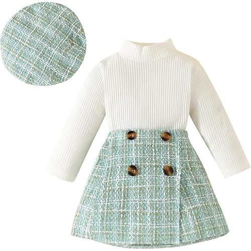 KMBANGI Toddler Girl Skirt Set Knitted Ribbed Long Sleeve T-Shirt Tops Plaid Tweed Pattern Skirt Beret Fall Winter Clothes