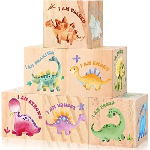 6 Pcs Dinosaur Nursery Decor for Boys Girls Dino Inspirational Wooden Table Shelf Decoration Wood Blocks Centerpiece for Kids Bedroom Nursery Playroom Classroom Birthday Baby Shower Gifts 1.6 Inch