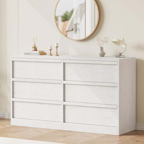 6 Drawer Dresser for Bedroom, 47in Wide Antique White 6 Chest of Drawers with Large Storage, Wooden Dresser Organizer for Living Room, Nursery, Entryway